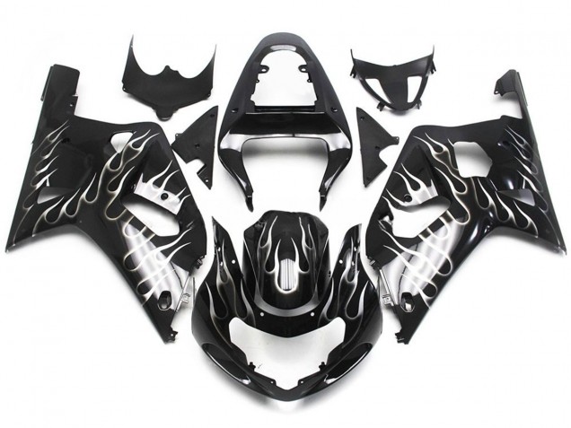 Black and White Gloss Flame 2001-2003 Suzuki GSXR 600-750 Motorcycle Fairing