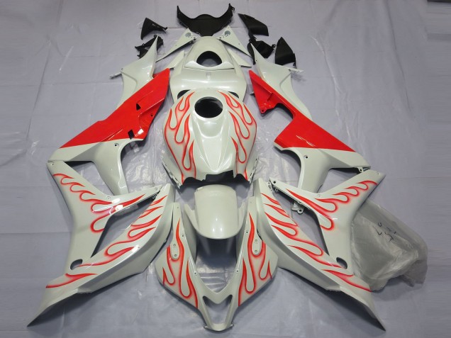 Red Flame on White 2007-2008 Honda CBR600RR Motorcycle Fairing