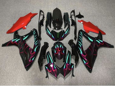 Red and Cyan Flame 2008-2010 Suzuki GSXR 600-750 Motorcycle Fairing